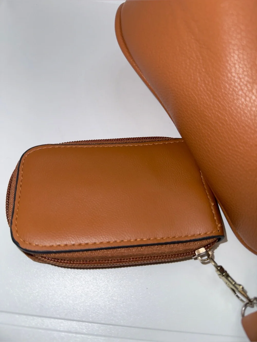 Designer-Inspired Brown Faux Leather Triangle Logo Crossbody Bag W/Pouch